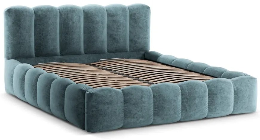 Modrá čalúnená dvojlôžková posteľ s úložným priestorom a roštom 200x200 cm Lupine – Micadoni Home