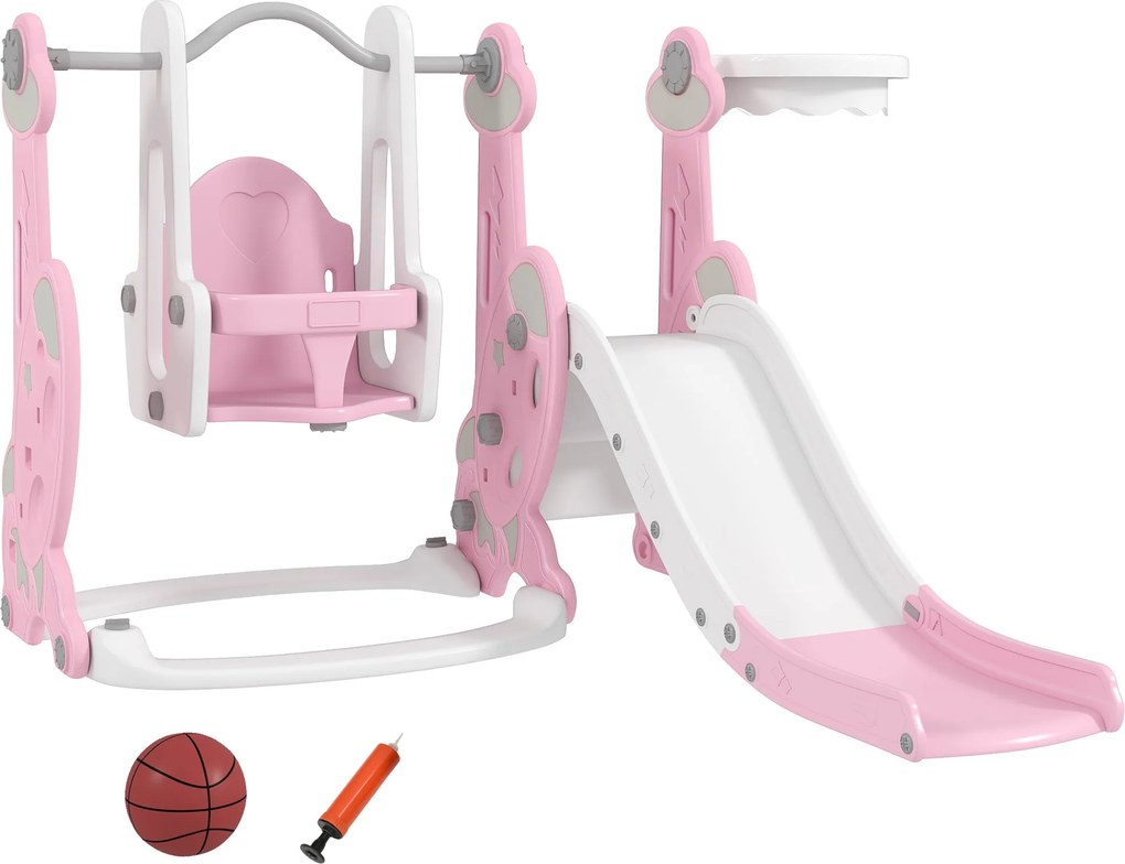 AIYAPLAY Detské šmykľavka 4 v 1 Detské ihrisko so hojdačkou a šmykľavkou, lezecím prvkom a basketbalovým hoopom, raketová téma na vnútorné hranie ružo