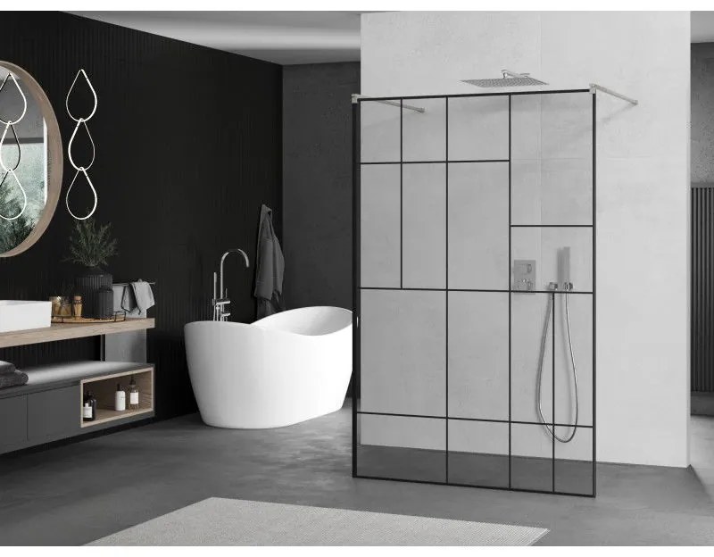 Mexen Kioto, sprchová zástena Walk-In 130 x 200 cm, 8mm sklo čierny vzor, brúsená oceľ profil,  800-130-002-97-78