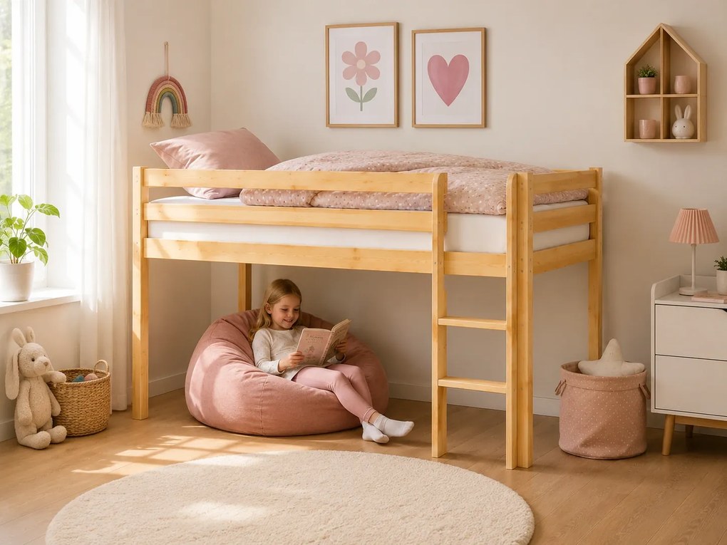 Detská vyvýšená posteľ z masívu 200x90 cm - prírodné drevo