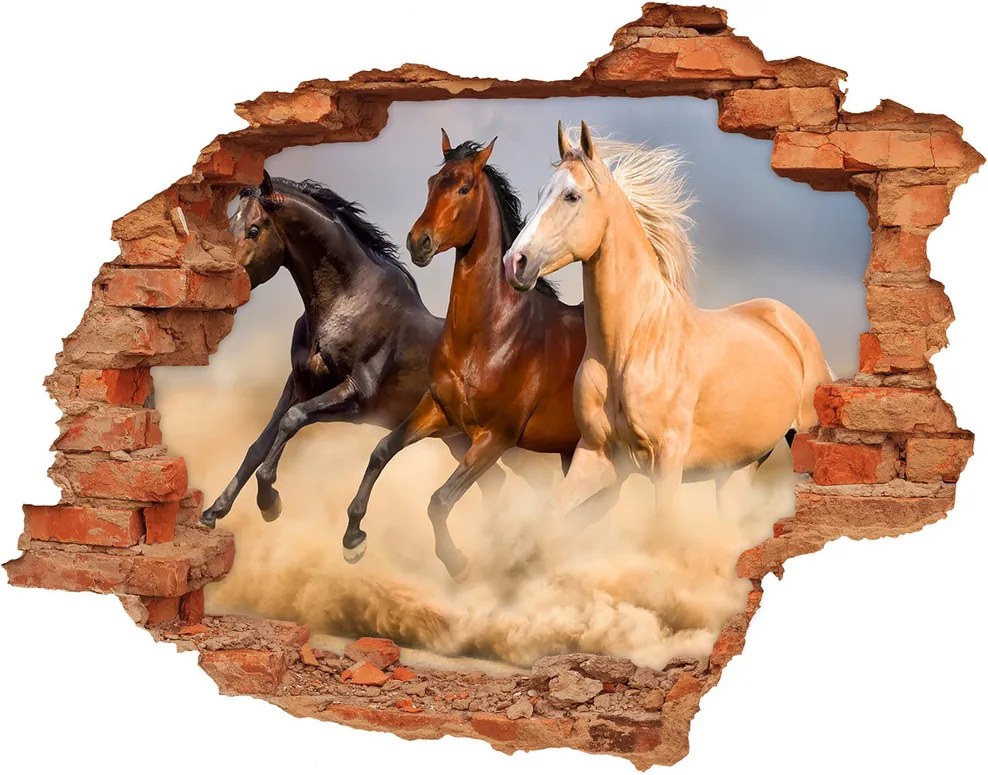 Diera 3D foto tapeta nálepka Kone v cvale WallHole-cegla-90x70-90824183