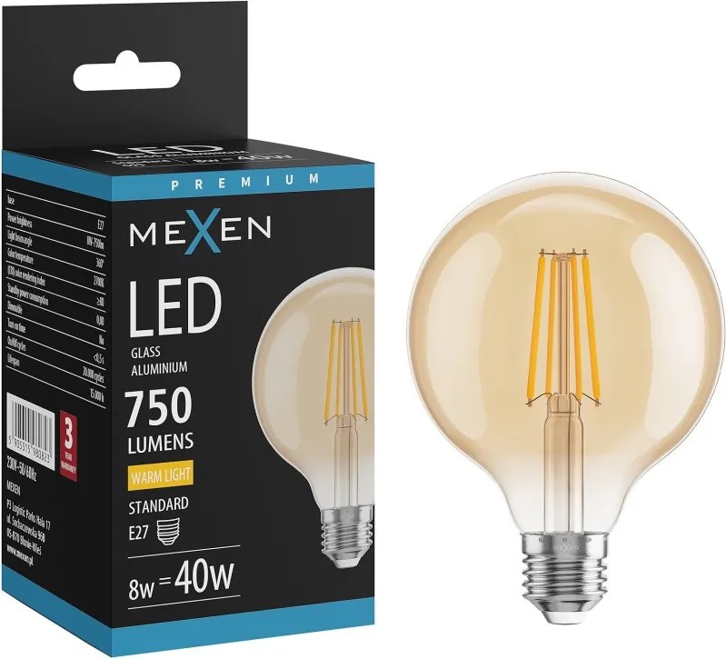 Mexen Vintis, LED žiarovka E27, G95, 8W, Teplá - 2700K, 750 lm, jantárová - L157-E27-0827-50