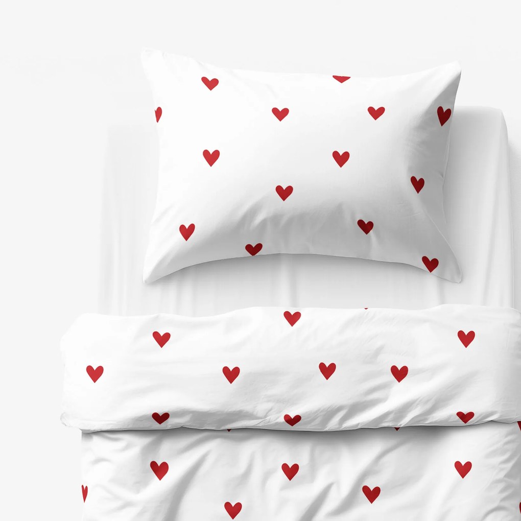 Goldea detské bavlnené obliečky - červené srdiečka na bielom 140 x 200 a 70 x 90 cm