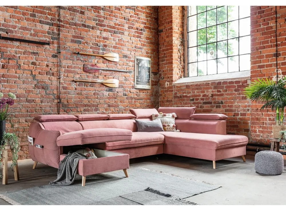 Svetloružová zamatová rozkladacia rohová pohovka do "U" (pravý roh) Sweet Harmony – Miuform