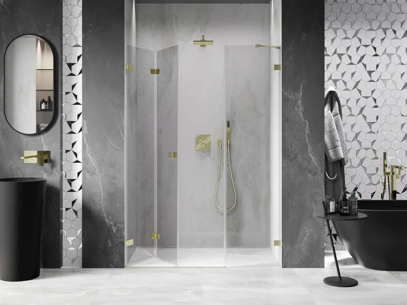 Mexen Lunar-F, skladacie ľavé sprchové dvere 115 cm, 8mm číre sklo, zlatý matný profil, 836S-115-050-55-00-L