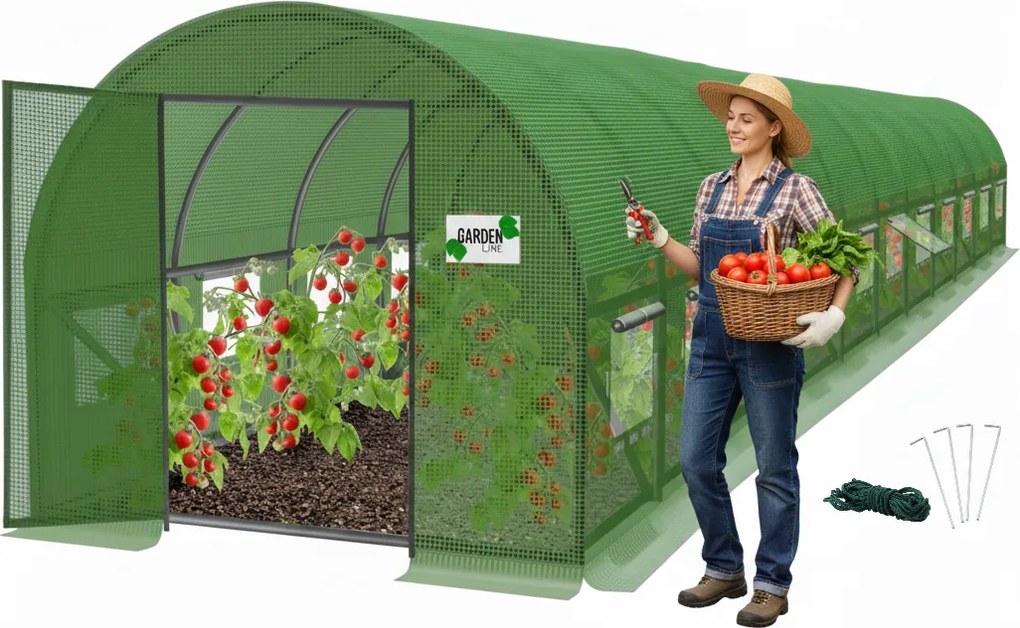 Garden Line 12-segmentový zelený fóliový záhradný tunel 12 x 5 x 2 m s dverami na pántoch
