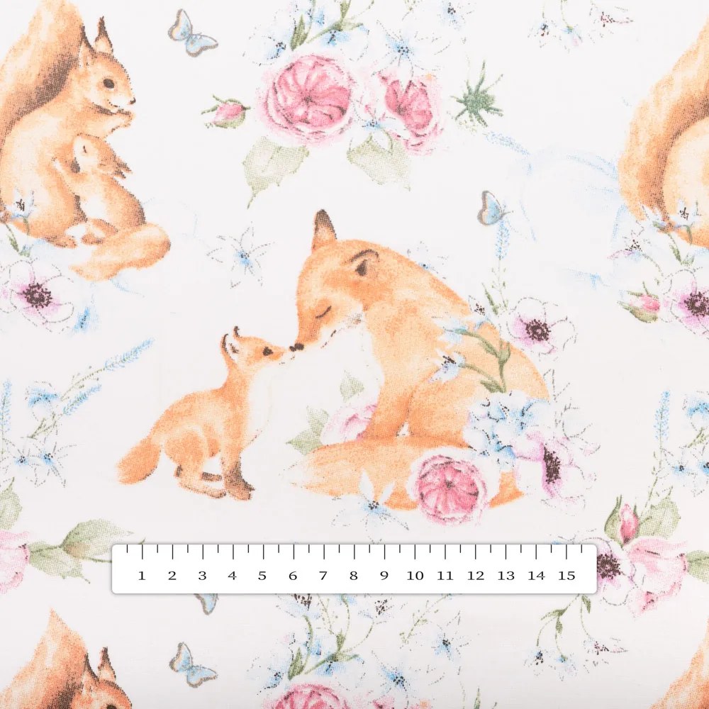 Biante Detský bavlnený behúň na stôl Sandra SA-694 Veveričky a líšky medzi kvietkami na bielom 35x120 cm