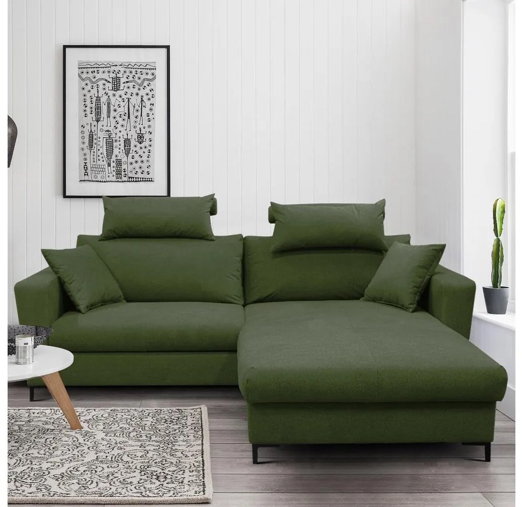 Rozkladacia rohová sedacia súprava s úložným priestorom do tvaru L HORTA pravá zelená