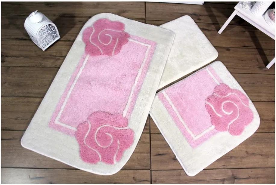Sada troch kúpeľňových predložiek s motívom kvetu v ružovo-bielej farbe Knit Knot