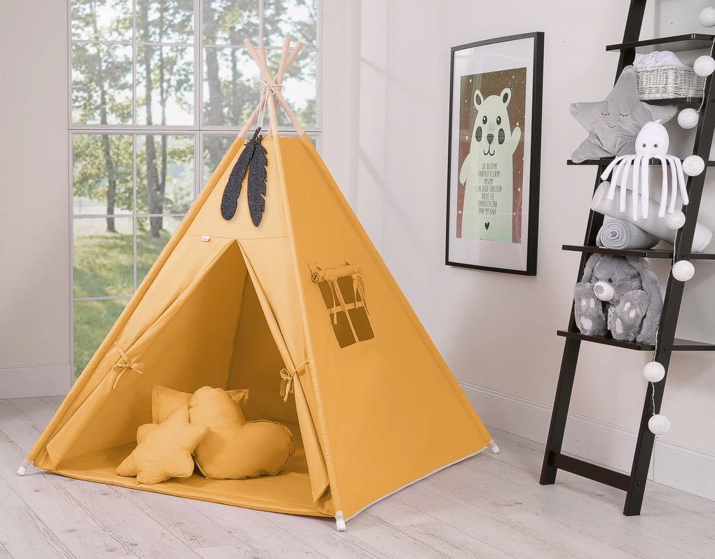 Teepee stan pre deti + hracia podložka + dekoratívne pierka - Yellow