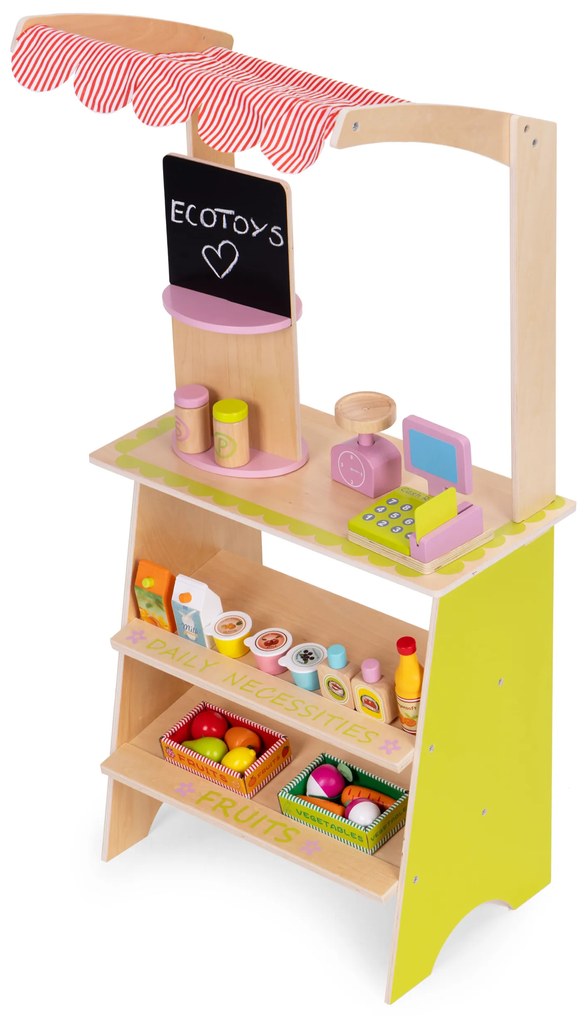ECOTOYS Drevený detský stánok s pokladňou a váhou