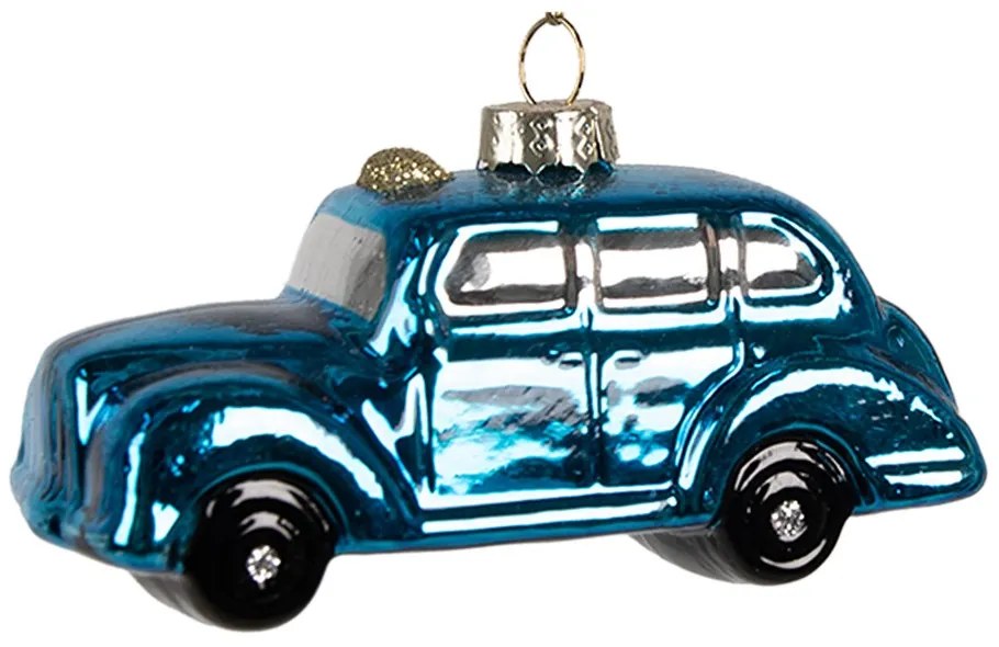 Vianočná sklenená ozdoba modré auto - 9*4*5 cm