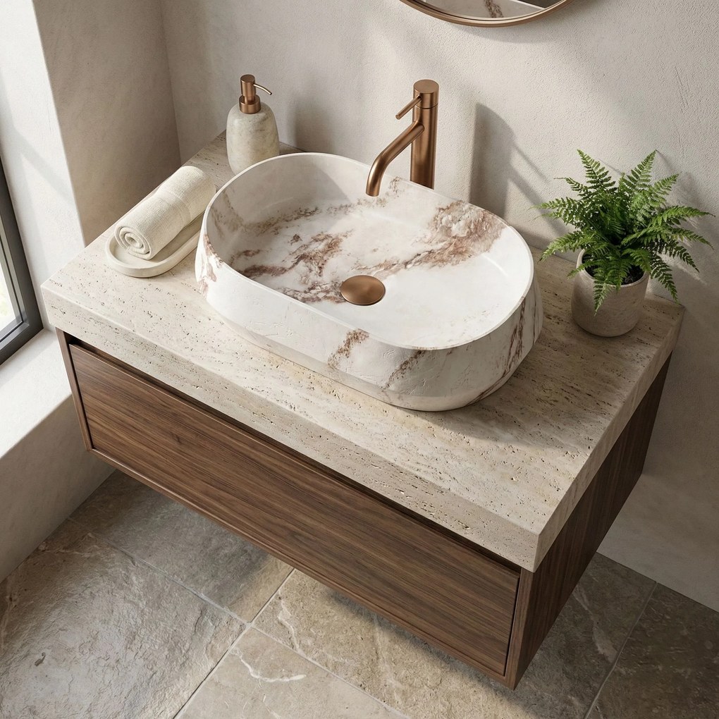 Rea Zoe Travo, umývadlo na dosku 590×380×170 mm, béžová / ecru imitácia kameňa matná, REA-U3540