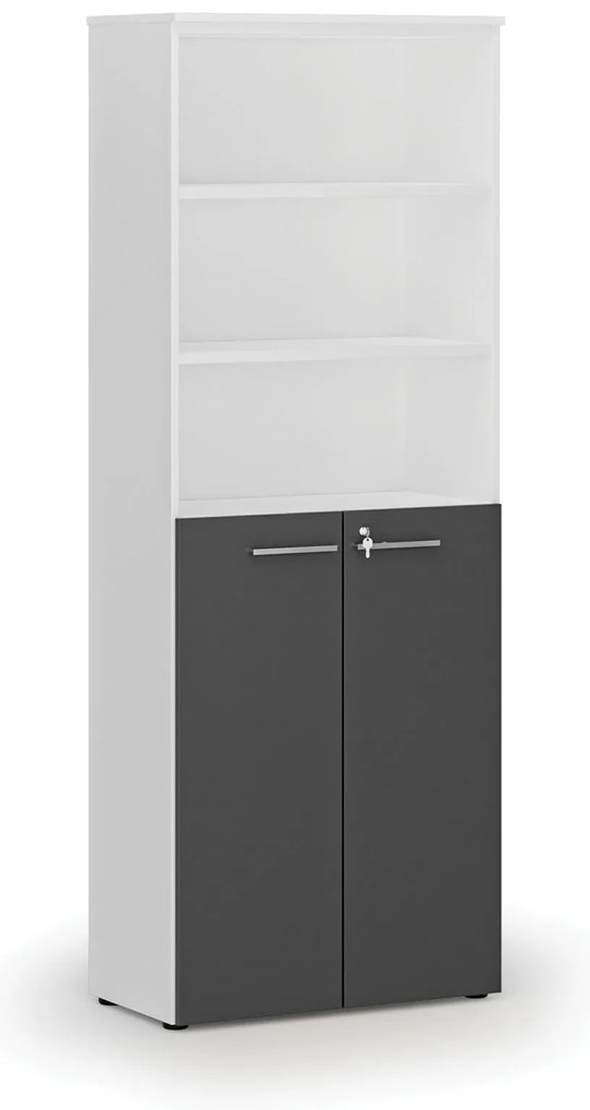Kombinovaná kancelárska skriňa PRIMO WHITE, dvere na 3 poschodia, 800 x 420 x 2128 mm, biela/grafit