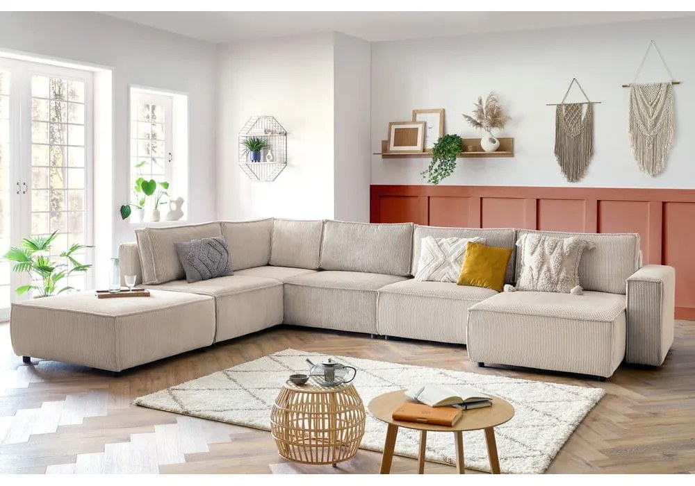 Krémovobiela menčestrová rohová pohovka (ľavý roh/do tvaru "U") Nihad modular – Bobochic Paris