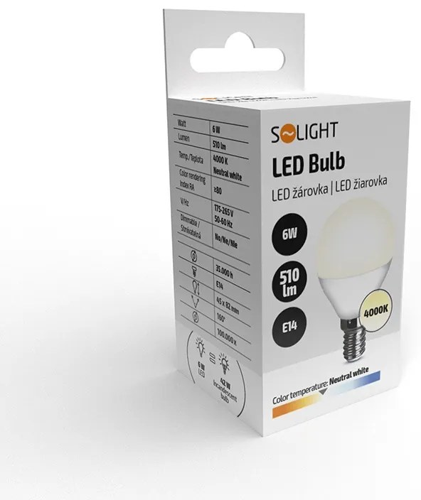 SOLIGHT LED žiarovka miniglobe matná P45 6W, E14, 4000K, 510lm