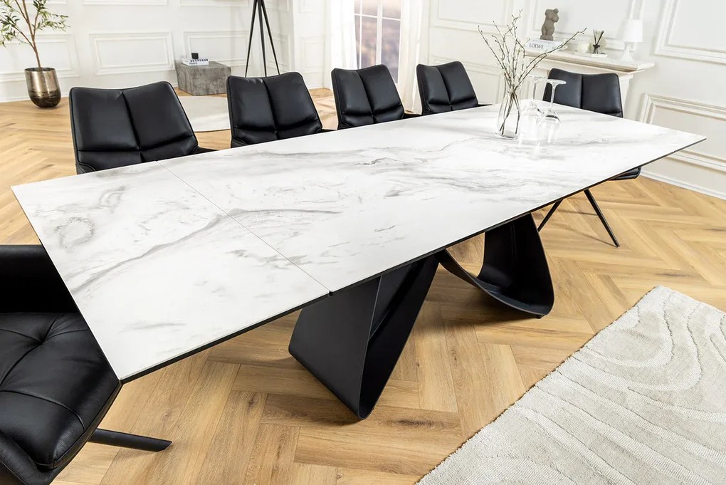 Jedálenský stôl TOMTOC 180-220-260 cm – keramický mramorový vzhľad biely