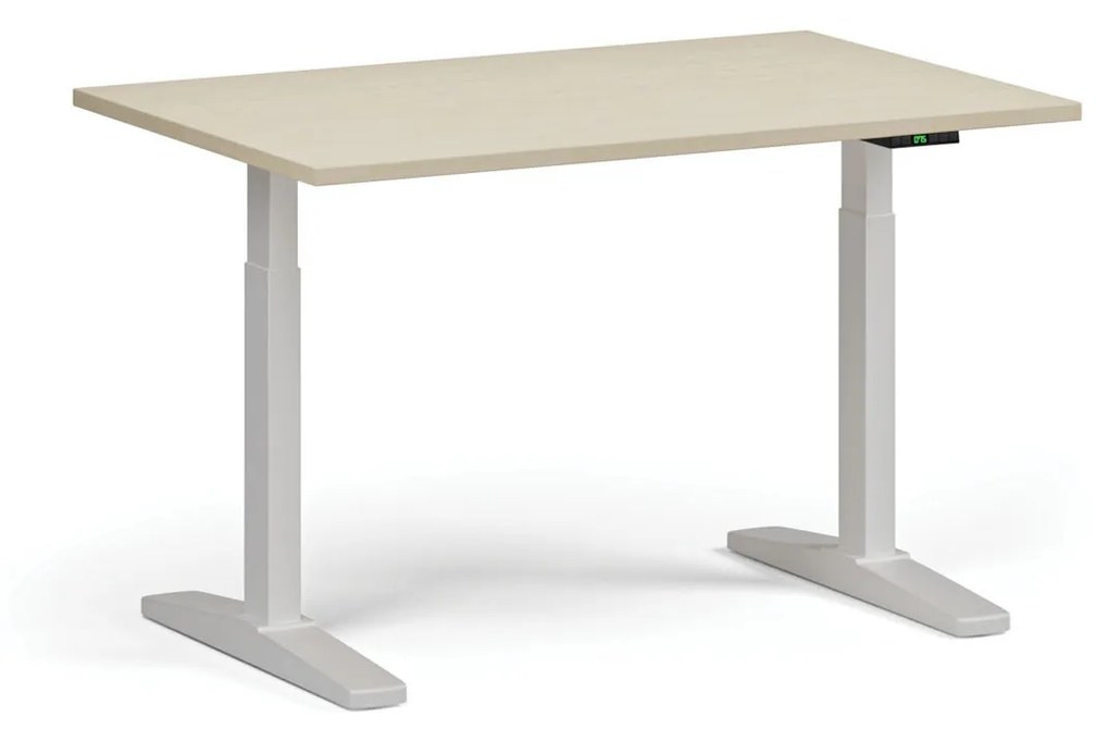 Výškovo nastaviteľný stôl, elektrický, 675-1325 mm, doska 1200x800 mm, biela podnož, buk