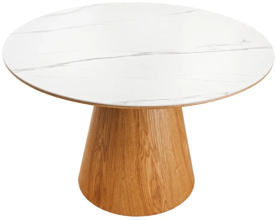 Jedálenský stôl UNIQUE 120 cm okrúhly, dubové drevo, dyhovaná keramika, doska z bieleho mramoru