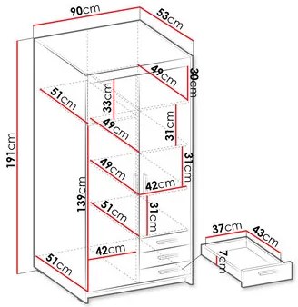 Šatníková skriňa Milica 2D3S (biela). Vlastná spoľahlivá doprava až k Vám domov. 1122597