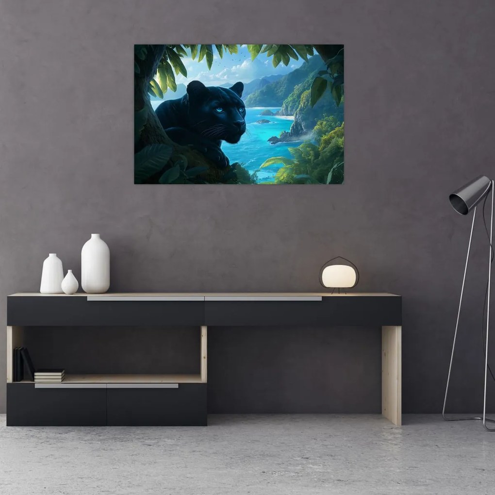 Obraz - Čierny panter v džungli (90x60 cm)