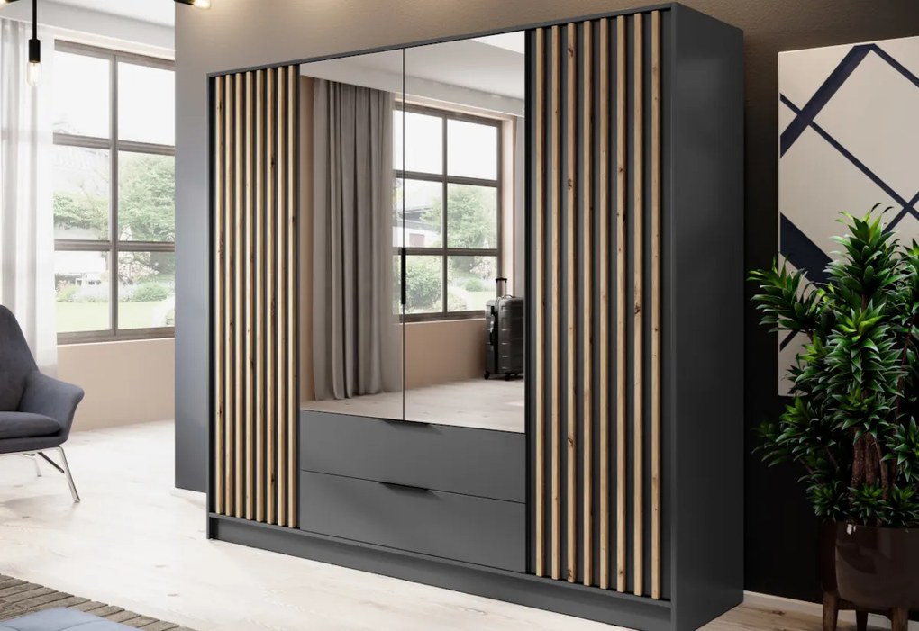 Šatníková skriňa so zrkadlom BELANDA 2D, 105x200x51, dub artisan/čierna