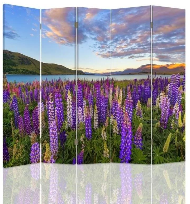 Ozdobný paraván Levandulové jezero Květiny - 180x170 cm, päťdielny, obojstranný paraván 360°