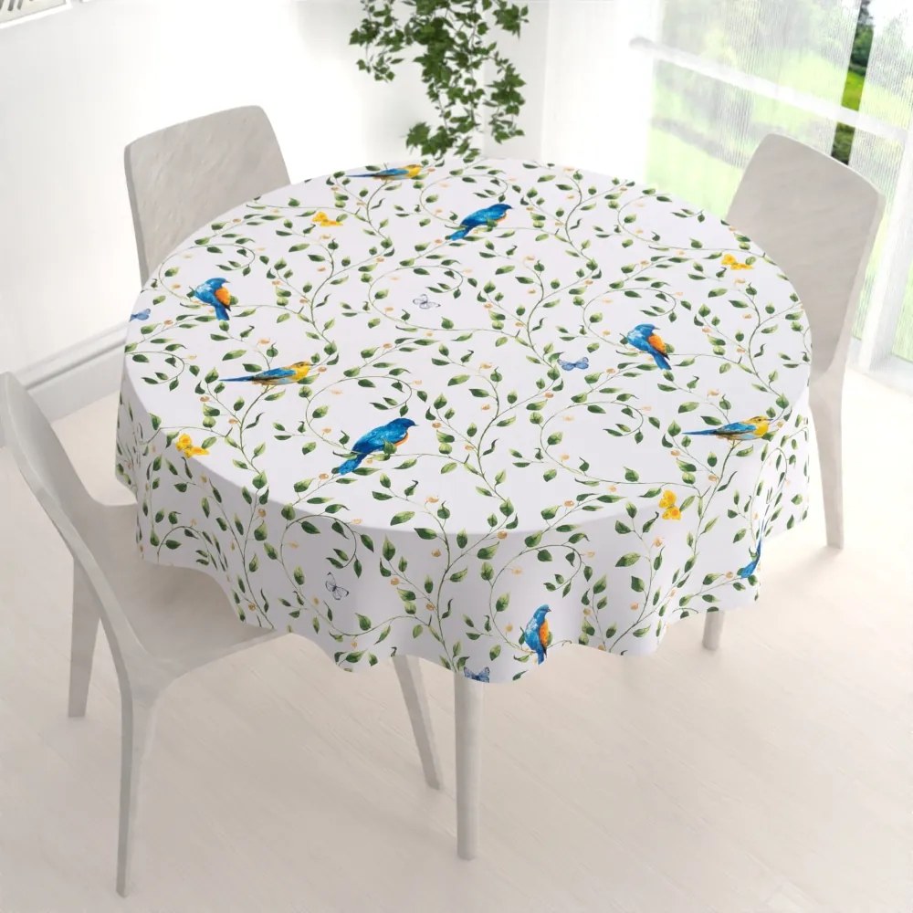 Biante Bavlnený okrúhly obrus Sandra SA-501 Modré vtáky a vetvičky na bielom Ø 90 cm
