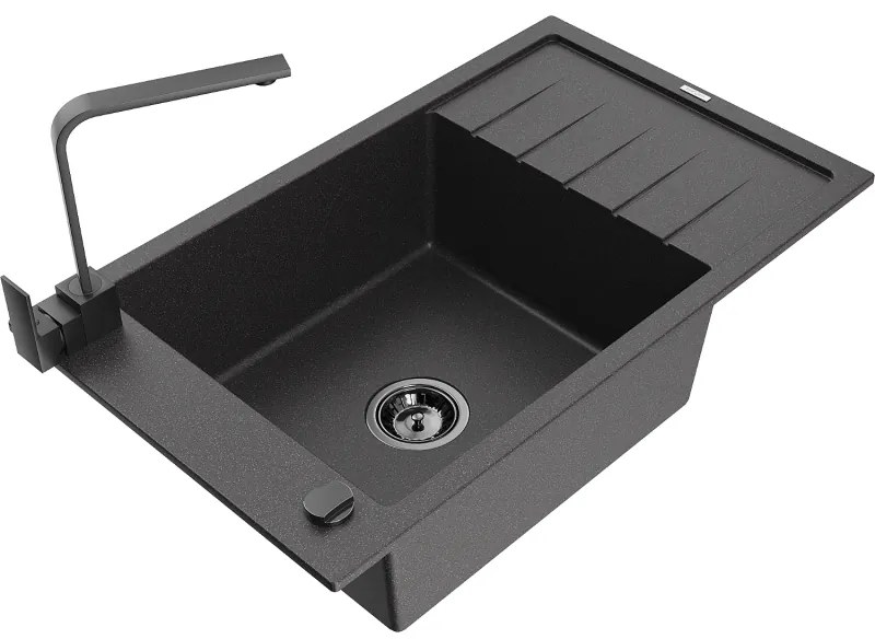 Mexen Elias, granitový drez granitový 795x480x200 mm, 1-komorový, čierna škvrnitá s čiernym sifónom a čierna drezová batéria Rita, 6511-76-670300-70-B