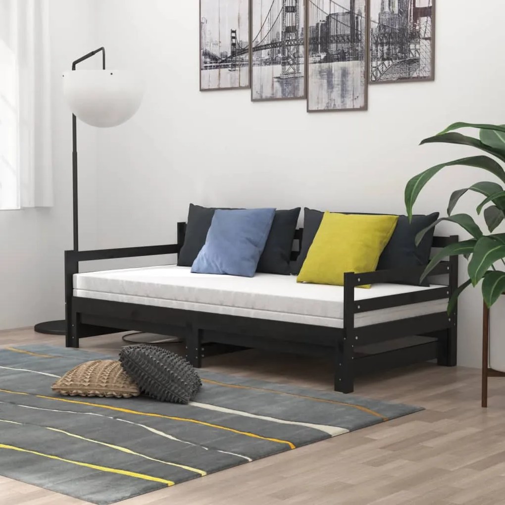 Rozkladacia denná posteľ 2x(90x200)cm, čierna, borovicový masív