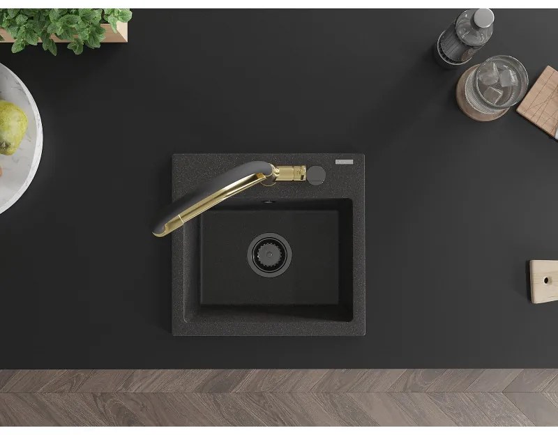 Mexen Milo, granitový drez 435x410x171 mm, 1-komorový a drezová batéria Duo, čierna škvrnitá, 6505-76-671701-57-B
