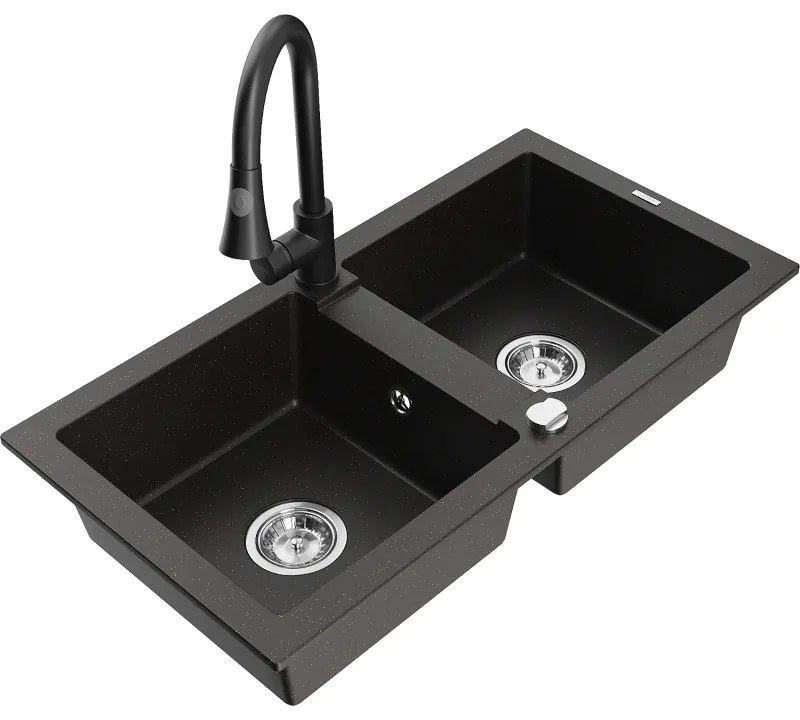 Mexen Mario, 2-komorový granitový drez 820x436x161 mm a drezová batéria Elia, čierna-zlatá metalíza, 6504-75-670101-70
