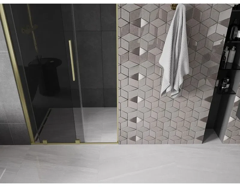 Mexen Velar, posuvné sprchové dvere do otvoru 90 cm, 8mm šedé sklo, zlatá matná, 871-090-000-41-55