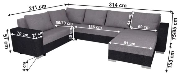 Čalúnená univerzálna rozkladacia sedacia súprava do U YORK šedá/čierna