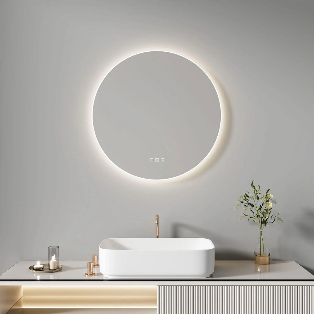 Rea Round, LED zrkadlo 80cm s bielym drážkovaným rámom a bluetooth, HOM-06528