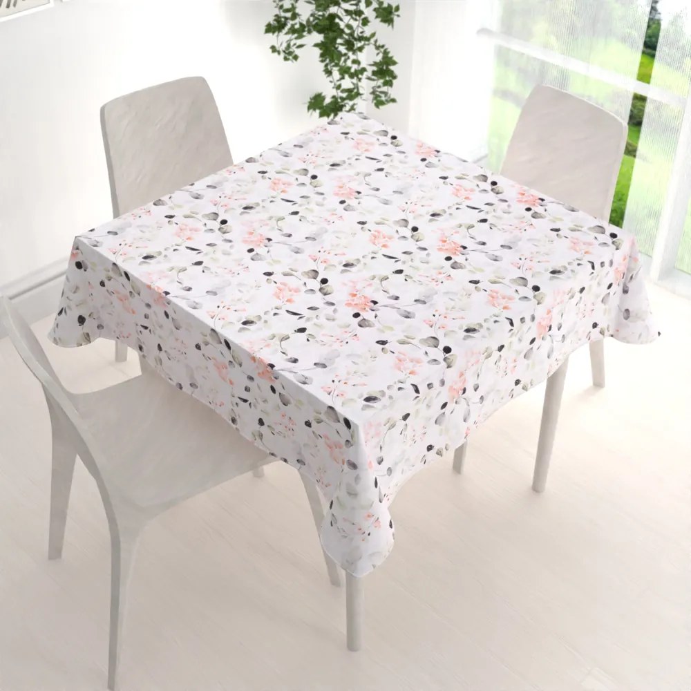 Biante Bavlnený štvorcový obrus Sandra SA-288 Eukalyptus s ružovými kvetmi na bielom 110x110 cm