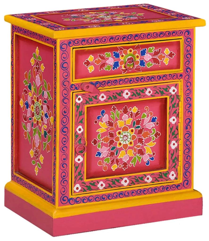 Nočný stolík, masívne mangovníkové drevo, ružový, ručne maľovaný 244835