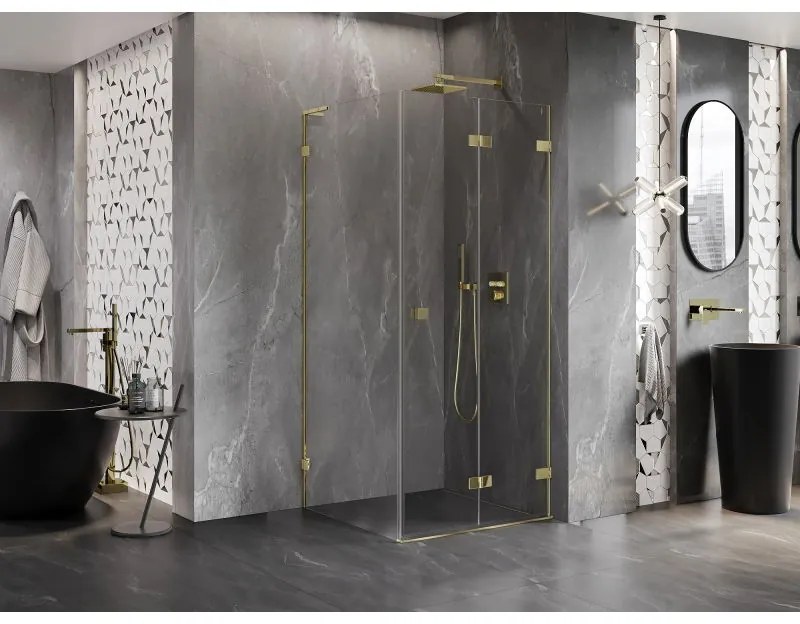 Mexen Lunar-F L, 1-krídlový sprchový kút so skladacími dverami, pravý, 90 x 90 cm, 8mm číre sklo, zlatý lesklý profil, 836L-090-090-50-00-P