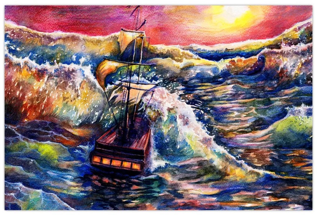 Obraz - Loď na oceánskych vlnách, aquarel (90x60 cm)