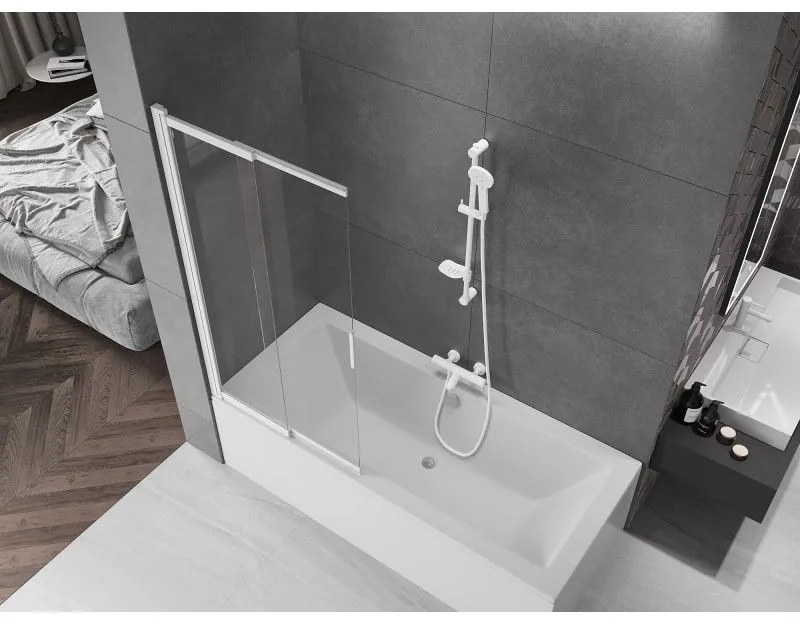 Mexen Fox, 2-krídlová posuvná vaňová zástena 85 × 150 cm, 5mm číre sklo, biely profil, 891-085-002-20-00