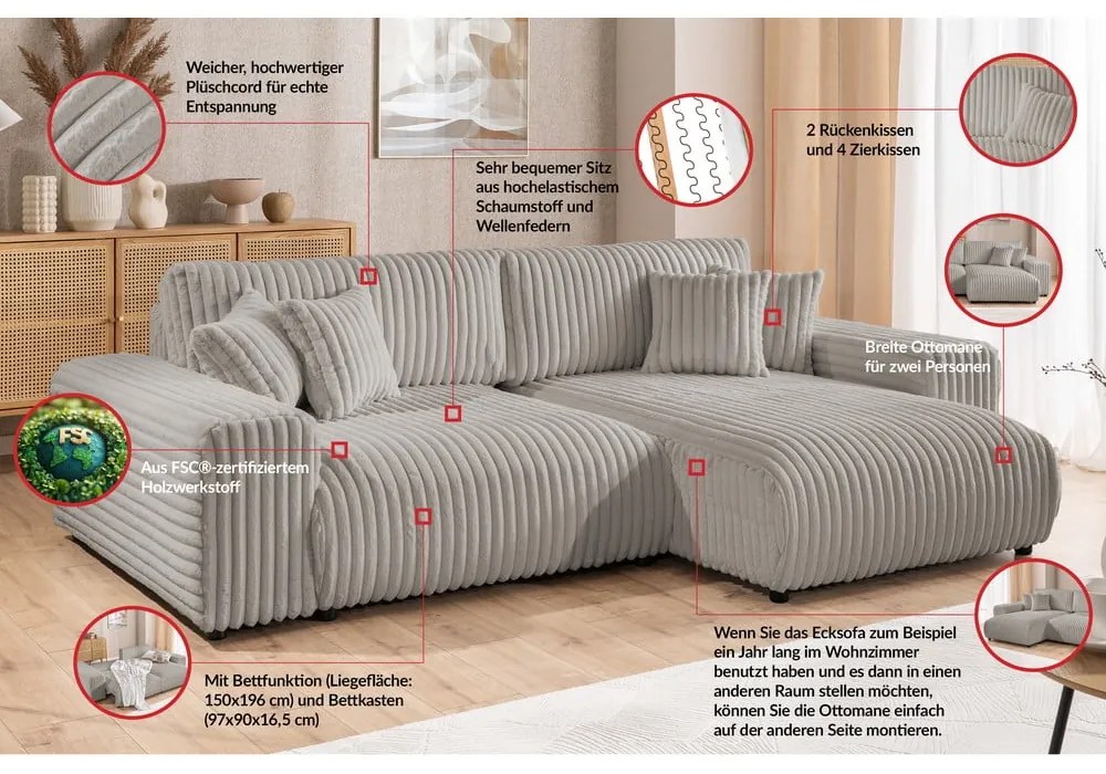 Svetlosivá menčestrová rozkladacia/s úložným priestorom rohová pohovka (pravý roh) Sarina – Ropez