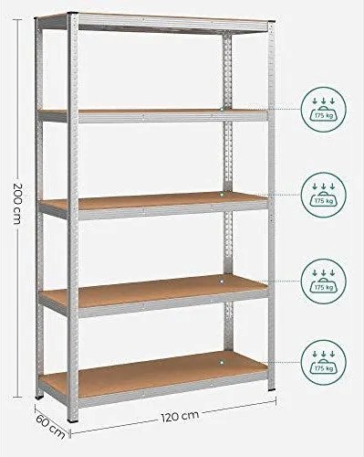 5-úrovňový oceľový regál s vysokou nosnosťou 750 kg, 60 x 120 x 200 cm, strieborný