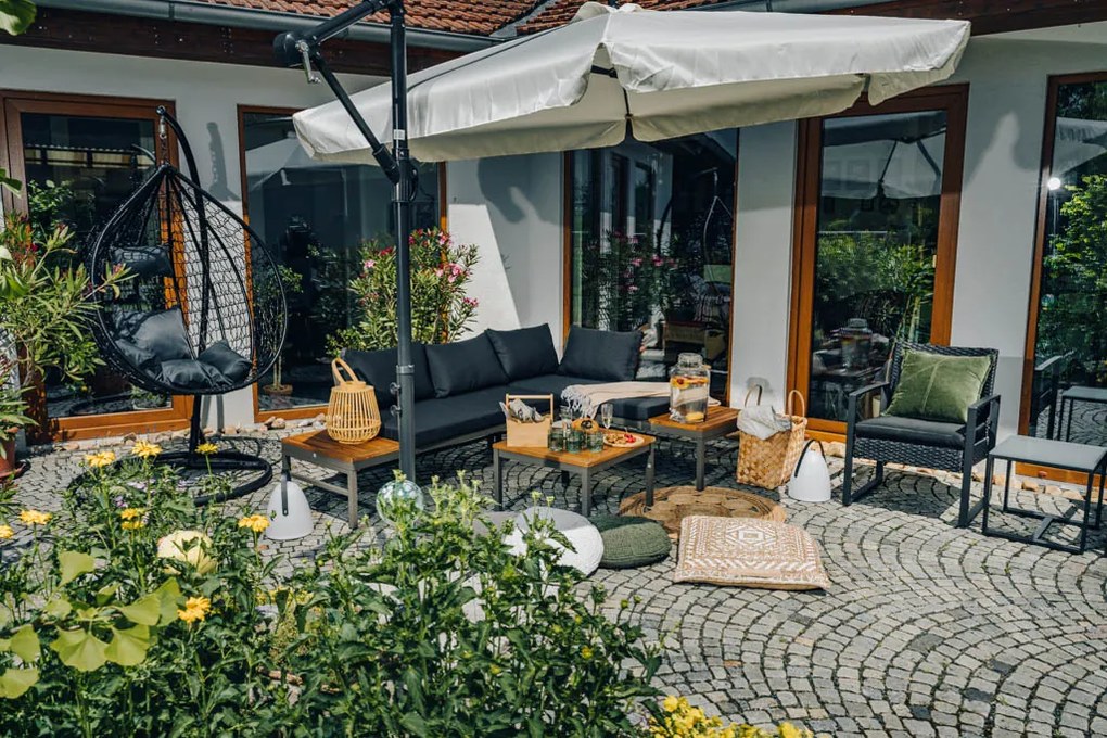 Čierne závesné kreslo KOKON so stojanom, bez vankúša