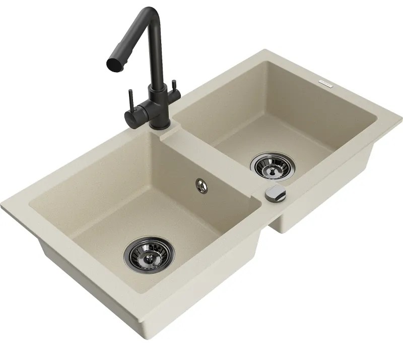 Mexen Mario, 2-komorový granitový drez 820x436x161 mm a čierna drezová batéria Duero, béžová, 6504-69-671600-70
