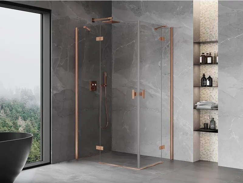 Mexen Mist-H Duo, 2-krídlový výklopný sprchový kút 115 x 85 cm, priehľadný, brúsená meď - 8A5-115L-085P-65-00
