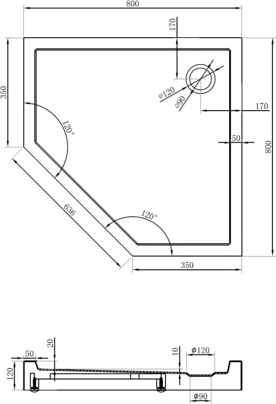 Mexen Flow+ päťuholníková sprchová vanička 80 x 80 cm, biela lesklá, 46P108080H