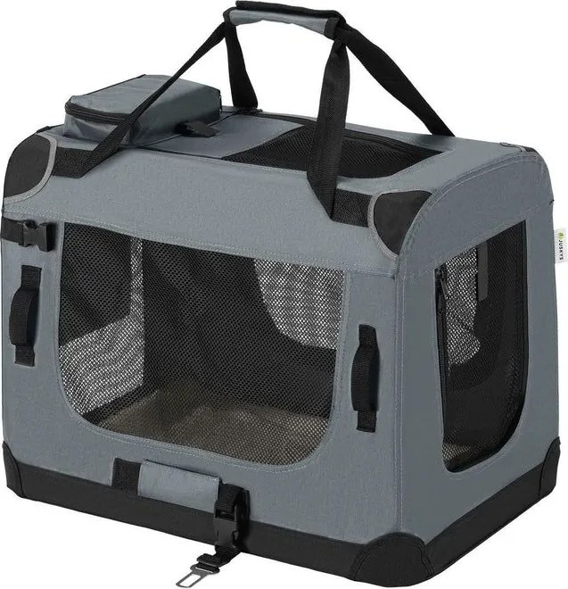 Skladací prepravný box pre psov, sivý, s posteľou, veľkosť M
