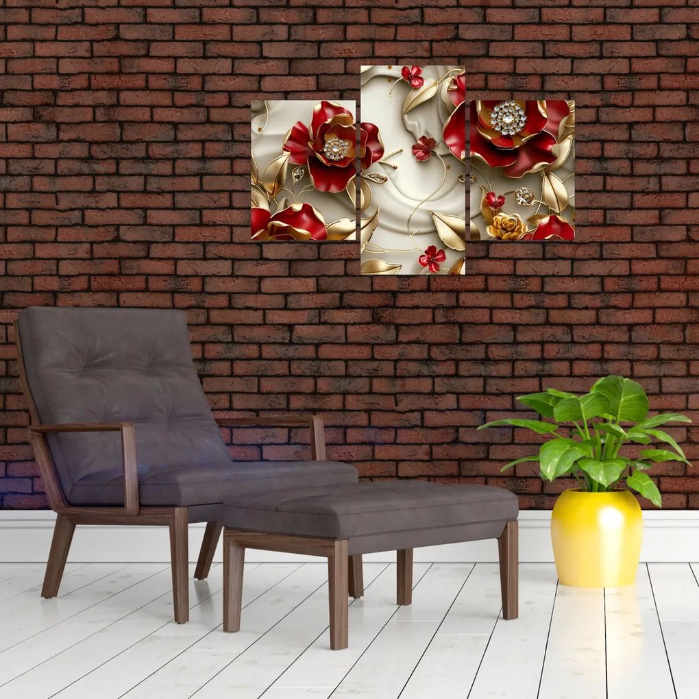 Obraz - 3D Červeno-zlaté kvety (90x60 cm)