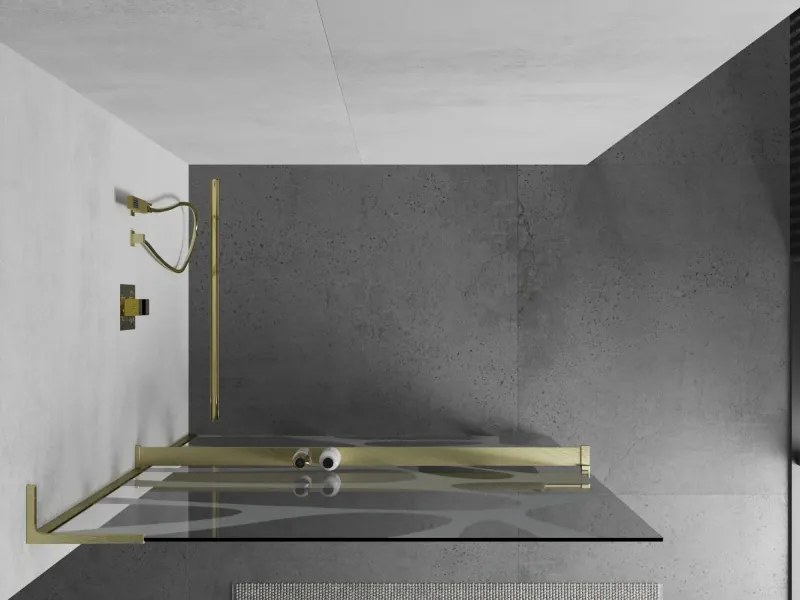 Mexen Kioto+ L, sprchová zástena Walk-In s poličkou a vešiakom 120 x 200 cm, 8mm číre sklo biely vzor, zlatý matný profil, 800-120-123-55-97