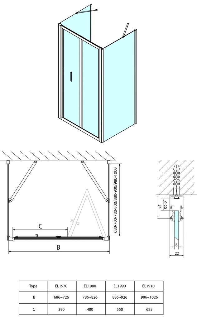 Polysan EASY, 3-stenový sprchový kút 800x900mm, skladacie dvere, L/P varianta, číre sklo, EL1980EL3315EL3315